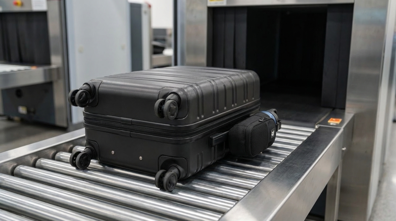Suitcase going through airport security